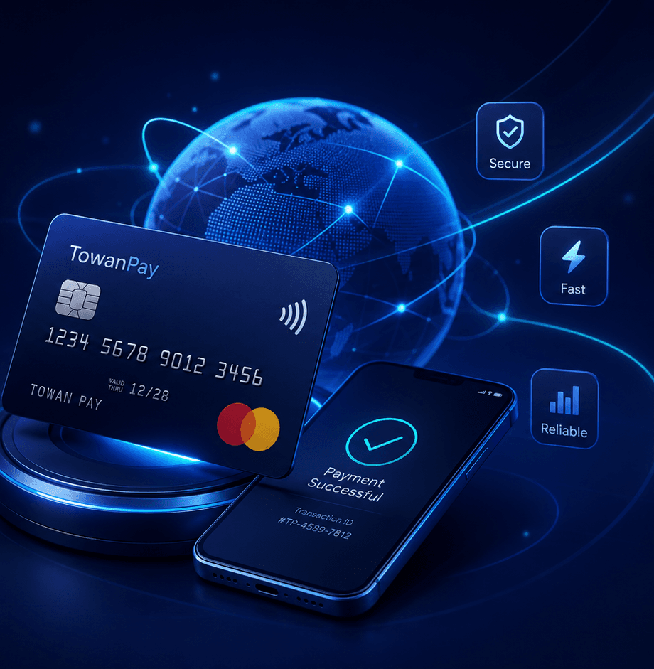 TowanPay — secure card checkout, mobile payment success, and global connectivity
